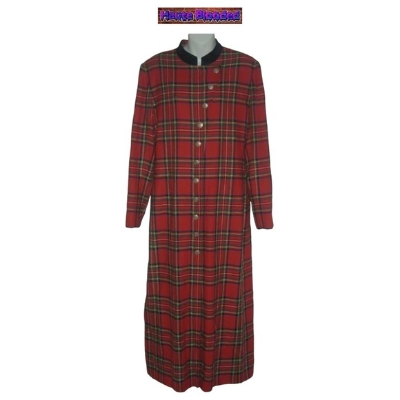 Vintage 80's Dress Cynthia Howie Red Tartan Duster Buttons Parisian Retro Royal - Picture 1 of 12